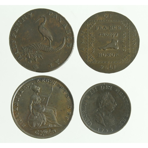 556 - GB Copper Coins & Tokens (4): Halfpenny 1854 GEF, Farthing 1799 aVF surface flaw; and two Halfpenny ... 