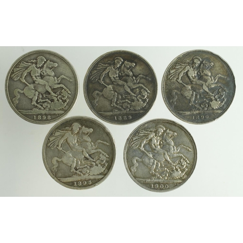 569 - GB Crowns (5): 1889 VG, 1890 Fine, 1893 LVII Fair/VG, 1898 LXII VG, and 1900 LXIV nVF