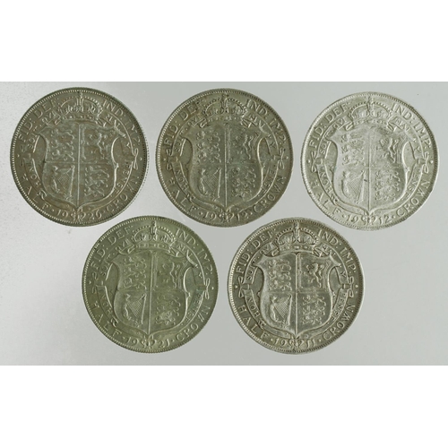 594 - GB Halfcrowns (5): 1911 VF, 1912 VF, ditto VF, 1921 GVF, and 1926 GVF