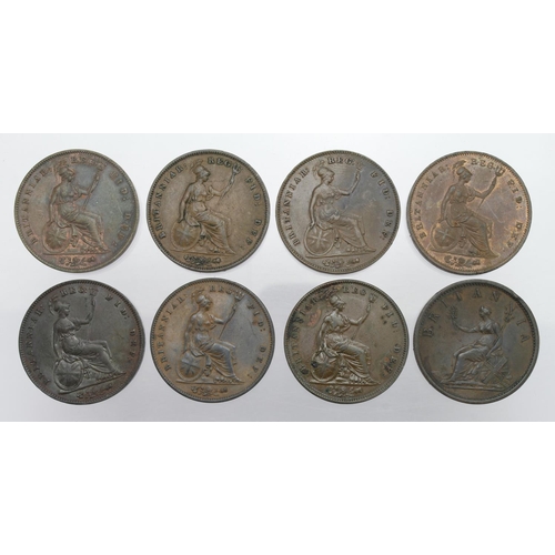 617 - GB Pennies (8) copper: 1806 VF edge knock, 1841 OT no colon after REG oiled VF, 1853 OT GVF, 1854 PT... 