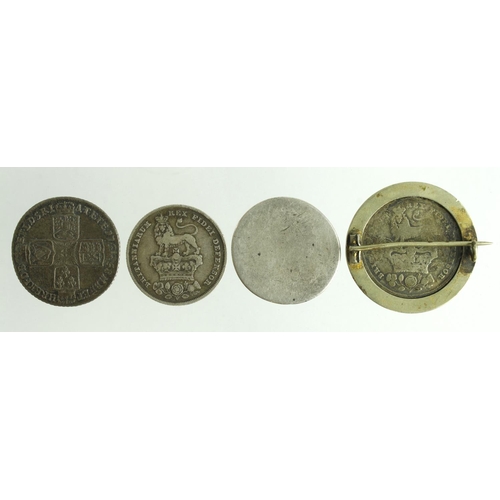 658 - GB Shillings (4): William III low grade; 1758 nVF, 1825 Fair mounted as brooch, and 1826 GF