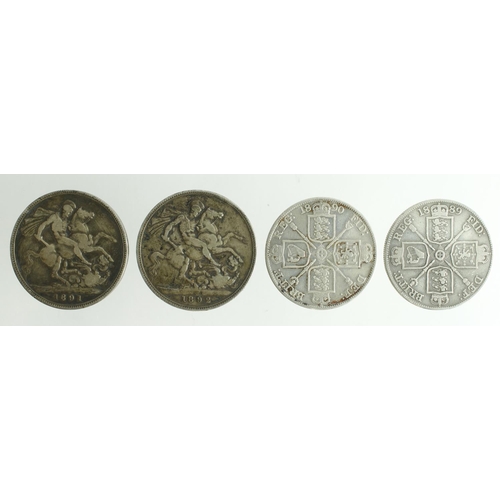 663 - GB Silver (4): Crowns: 1891 Fine, and 1892 Fine; Double-Florins: 1889 nF, and 1890 cleaned Fine.