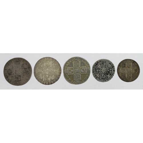 664 - GB Silver (5) early milled: Shillings: 1711 plain 4th bust S.3618 ex-mount VG, 1723 roses & plumes S... 