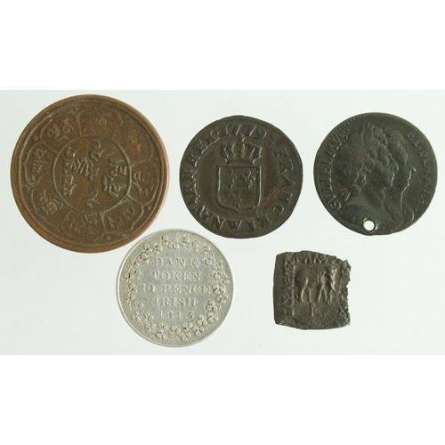 753 - World Coins (5): GB Farthing 1694 GF holed; Ireland silver 10 Pence bank token 1813 VF; France coppe... 