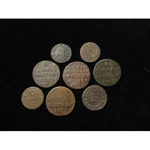 886 - Tokens, 17thC (8): Norwich Borough x2, Yarmouth Borough, B. Wallton & G. Woodrooffe, Diss Borough, K... 