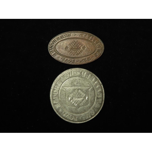 889 - Tokens, 19thC (2): Sheffield Workhouse uniface bread tokens; Copper-Alloy Oval, VF/GVF & White Metal... 