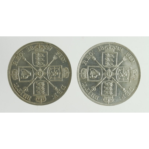 93 - Double-Florins (2): 1887 arabic 1 GVF edge knock, and 1888 cleaned GVF