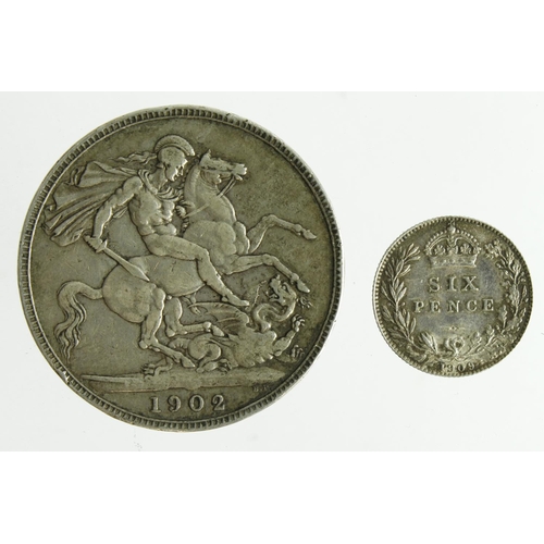 94 - Edward VII silver (2) Crown 1902 Fine, a few edge knocks, and Sixpence 1909 aEF light scratches.