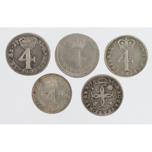 612 - GB Maundy Oddments (5) Fourpences: 1680 Fine, 1689 stop before G nF, 1737 VG/F, 1763 nVF, and 1877 V... 