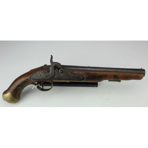 112 - Percussion Pistol converted from Flintlock to drum and nipple. A service (sea service?) pistol origi... 