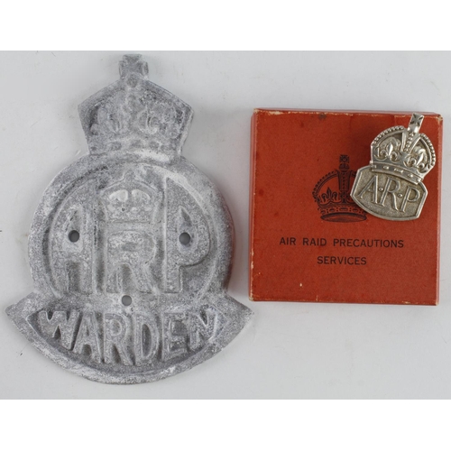 153 - ARP badge in box with ARP whistle and wardens door plaque.