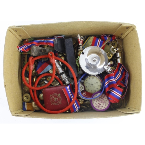 230 - Box containing buttons, whistles, badges, medals and other collectible items.