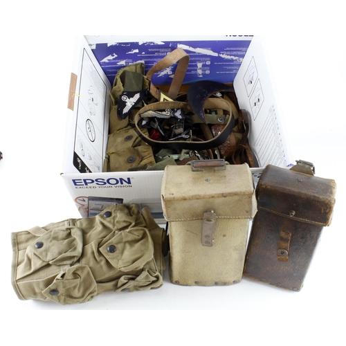 235 - Box of Militaria including WW1 Springfield Bandolier, Map case, Grenade Vest, Pouches, loads of badg... 