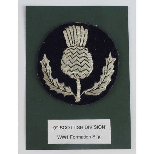 282 - Cloth Badge: 9th Scottish Division WW1 embroidered felt formation sign badge in excellent condition.