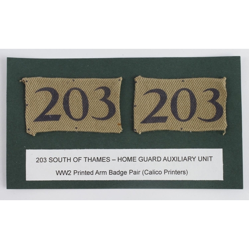 285 - Cloth Badges: 203 South of Thames - Home Guard Special Forces Auxiliary Unit. Pair of WW2 printed cl... 