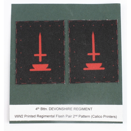 287 - Cloth Badges: 4th Bttn. Devonshire Regiment WW2 printed cloth formation sign badges made by 'Calico ... 