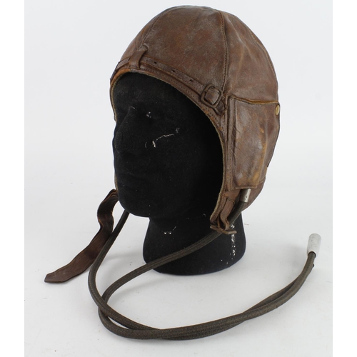 372 - RAF WW2 brown leather flying helmet fitted with Gosport tubes used to train new pilots.