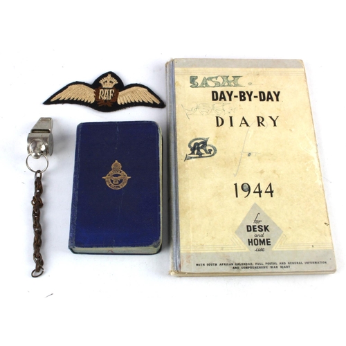 374 - RAF WW2 original set of pilots wings with RAF AM air crew survival whistle with 1944 diary and bible... 