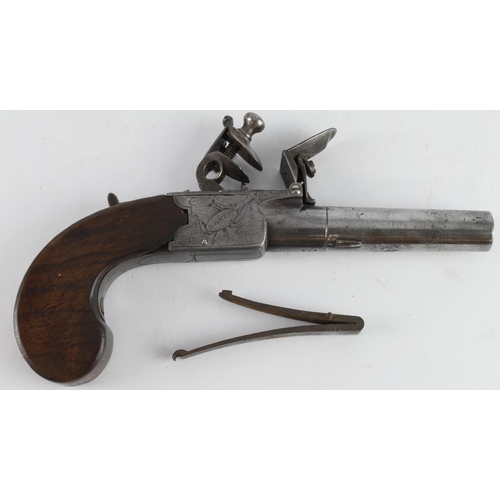 44 - Flintlock pocket pistol marked 'Spencer' and 'London', drop down trigger, various proof marks