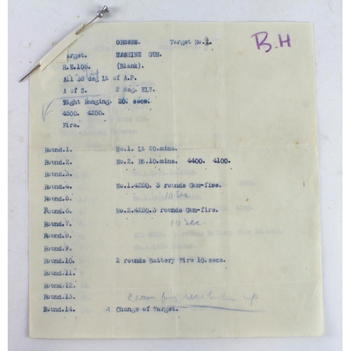 479 - WW1 scarce Royal Artillery original gun targeting orders. Two of targeting a German machine gun posi... 