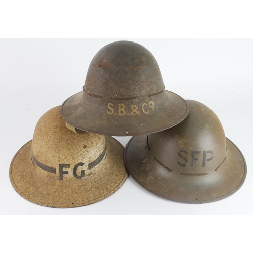 499 - WW2 Fire watches helmets collection of three complete with liners stencilled on the front S.B & Co, ... 