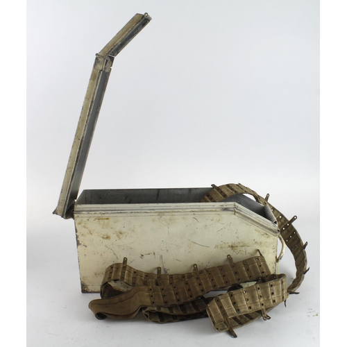 525 - WW2 Vickers Machine Gun Ammo Tin plus Bras Tabbed Canvas Belt dated 1941