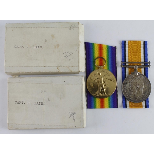 602 - BWM & Victory Medal (Capt J Bain) with named boxes of issue. Served RAMC. Entitled to the Silver War... 