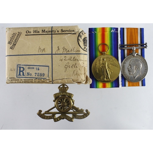 617 - BWM & Victory Medal with medal packet of issue for (58960 Gnr J Mathias RA). Served 120 Hvy Bty. (2)