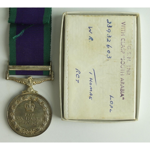 625 - CSM QE2 with South Arabia clasp (23932603 L/Cpl W R Thomas RCT) with box of issue and MOD letter