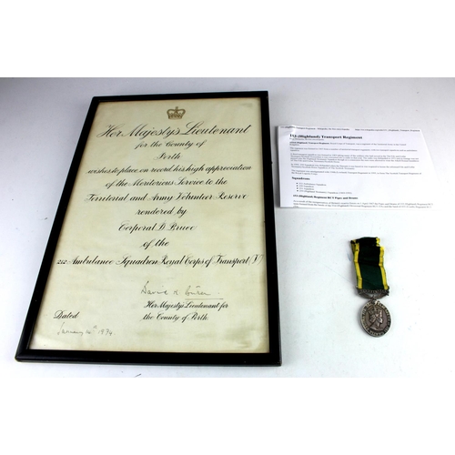 651 - Efficiency Medal QE2 with Territorial clasp (T/22379951 Cpl D Bruce RASC), with large framed Certifi... 