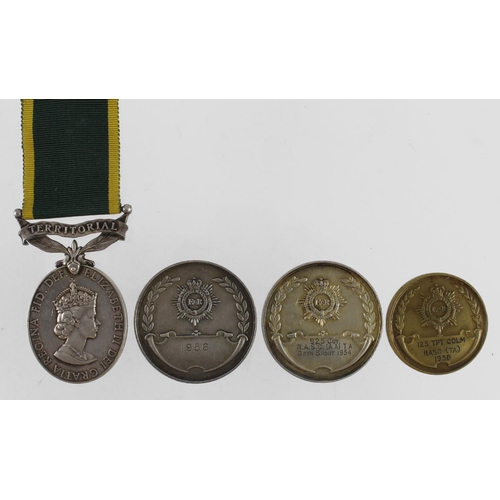 652 - Efficiency Medal QE2 with Territorial clasp (T/22555901 Cpl A K Gallon RASC) with three shooting med... 