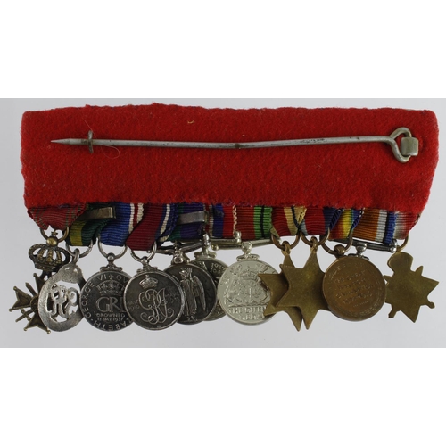 751 - Minature Medal group mounted as worn - 1915 Star Trio with MID, 1939-45 Star, Africa Star, Defence &... 