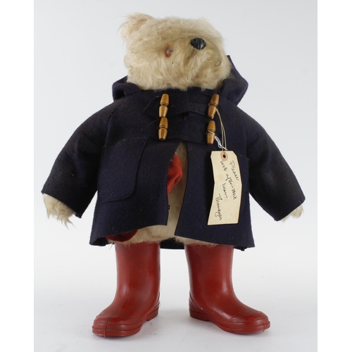 112 - Gabrielle Paddington Bear, with original label, wear to blue coat, height 50cm approx.