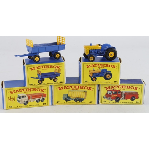 138 - Matchbox. Five boxed Matchbox Lesney models, comprising Fire Pumper Truck (no. 29); Ford Tractor (39... 