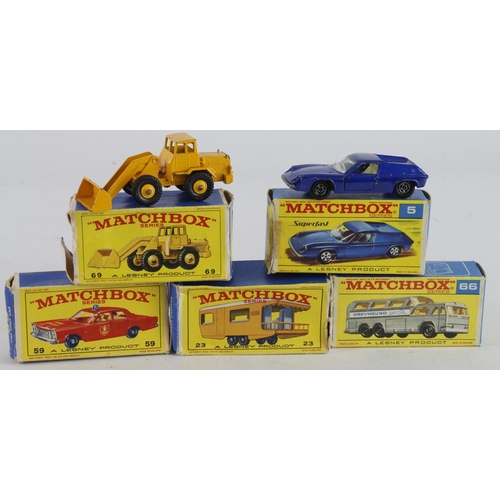 139 - Matchbox. Five boxed Matchbox Lesney models, comprising Lotus Europa (no. 5); Trailer Caravan (23); ... 