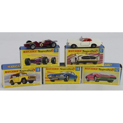 145 - Matchbox. Five boxed Matchbox Superfast models, comprising ISO Grifo (no. 14); Field Car (18); Lotus... 