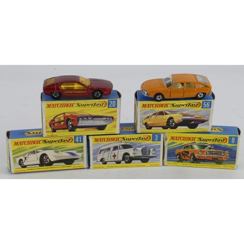 146 - Matchbox. Five boxed Matchbox Superfast models, comprising Mercedes Benz Binz Ambulance (no. 3); Wil... 