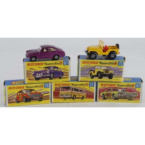 147 - Matchbox. Five boxed Matchbox Superfast models, comprising Setra Coach (no. 12); Racing Mini (29); R... 