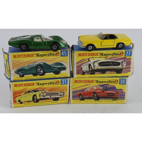 155 - Matchbox. Four boxed Matchbox Superfast models, comprising Mercedes 230SL (no. 27); Lincoln Continen... 