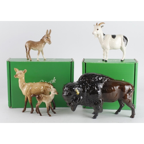 352 - Beswick. Five Beswick figures, comprising Bison, two Deer, Donkey & Goat, tallest 14.5cm approx. (tw... 