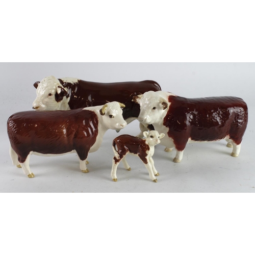 357 - Beswick. Four Beswick figures, comprising two Hereford Bulls, Cow & Calf, tallest 13cm approx.