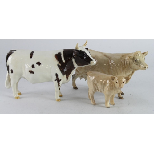 366 - Beswick. Three Beswick figures, comprising Bull (Whitehill Mandate), Cow & Calf, tallest 13cm approx... 