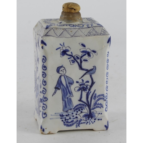 387 - Delft. A Delft bottle / tea caddy, with figural decoration, circa 18th Century (?), height 12.5cm ap... 