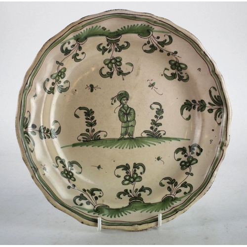 395 - French Faience green & white plate, with figural decoration, diameter 24cm approx.