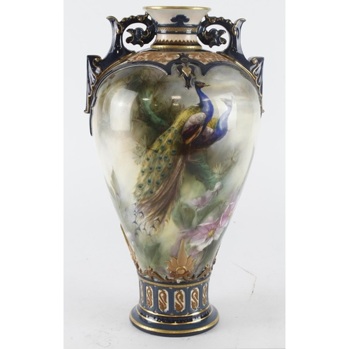 401 - Hadleys Worcester hand painted twin handled vase, decorated with peacocks, signed by 'W. Powell', ma... 