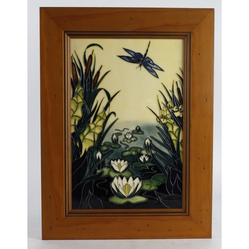 441 - Moorcroft. Large framed Moorcroft Dragonfly plaque, makers mark to reverse, plaque size 20cm x 30.5c... 