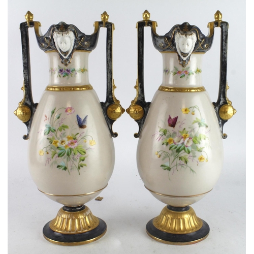 446 - Pair of twin handled vases, with hand painted decoration depicting figures, birds and flowers, circa... 