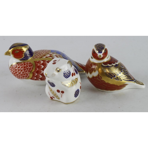 457 - Royal Crown Derby. Three Royal Crown Derby Paperweights (one missing stopper), largest length 17cm a... 