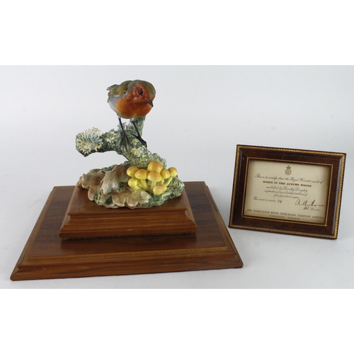 470 - Royal Worcester porcelain figure by Dorothy Doughty 'Robin in the Autumn Woods', framed certificate ... 