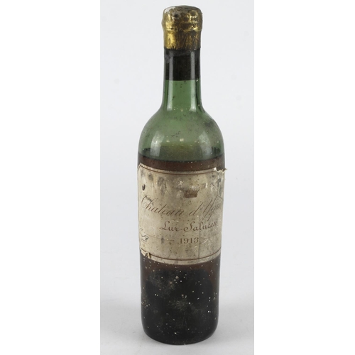 531 - Bottle of 'Chateau d' Yquem Lur Saluces, 1913', with original label, level bottom of shoulder